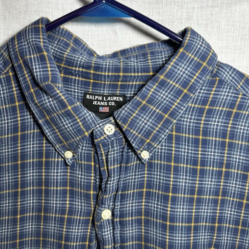 Ralph Lauren Jeans Co Button Down Flannel XXL Blue Yellow Plaid Shirt Excellent - Picture 3 of 10